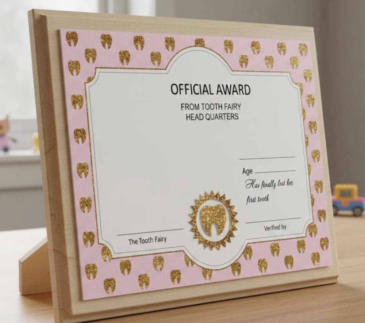 Tooth Fairy Lost Tooth Kit for Kids – Wooden Tooth Fairy Award Certificate & Lost Tooth Chart Card (2-Piece Set) – First Tooth Keepsake & Kids Growth Memory Gift (Pink)