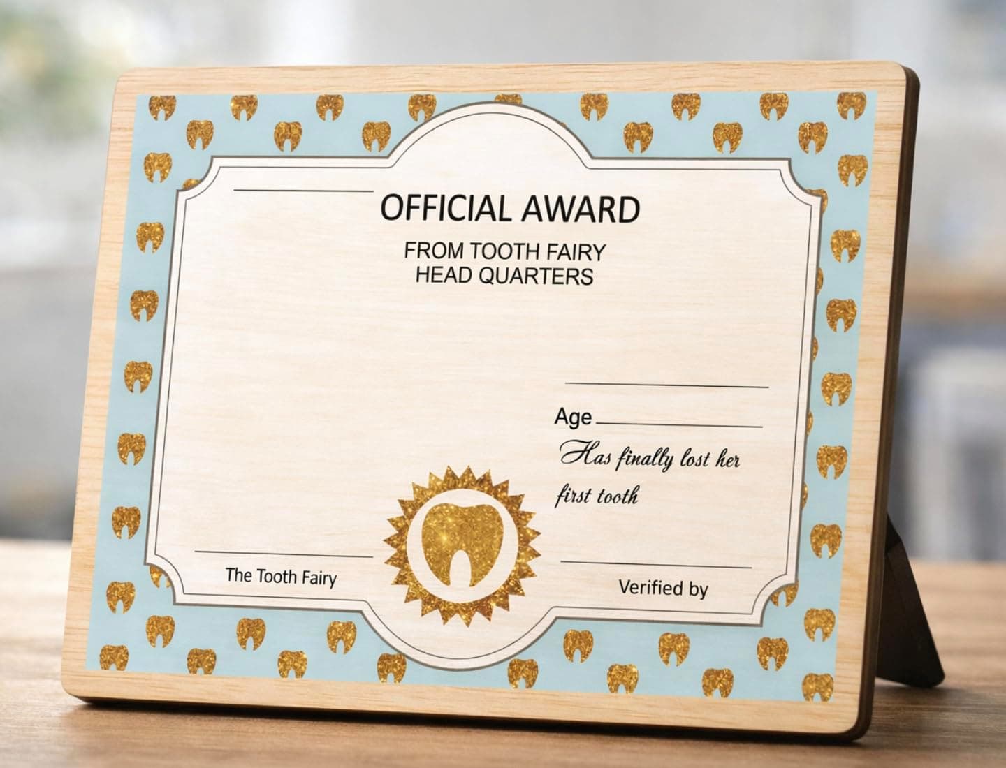 Tooth Fairy Lost Tooth Kit for Kids – Wooden Tooth Fairy Award Certificate & Lost Tooth Chart Card (2-Piece Set) – First Tooth Keepsake & Kids Growth Memory Gift (Blue)