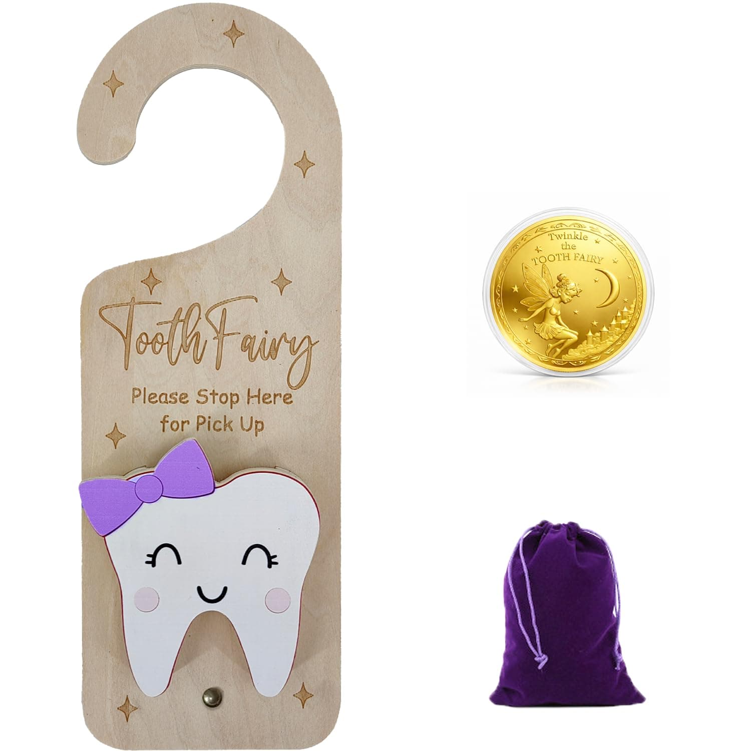 PAMBO Tooth Fairy Door Hanger, Wooden Tooth Fairy Money Holder with Tooth Coins for Lost Tooth Kids Gifts (Purple)