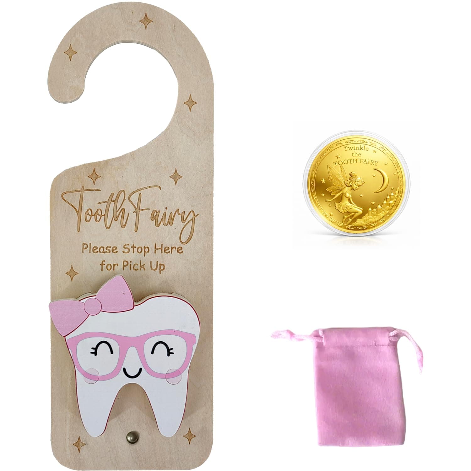 PAMBO Tooth Fairy Door Hanger, Wooden Tooth Fairy Money Holder with Tooth Coins for Lost Tooth Kids Gifts (Pink-2)