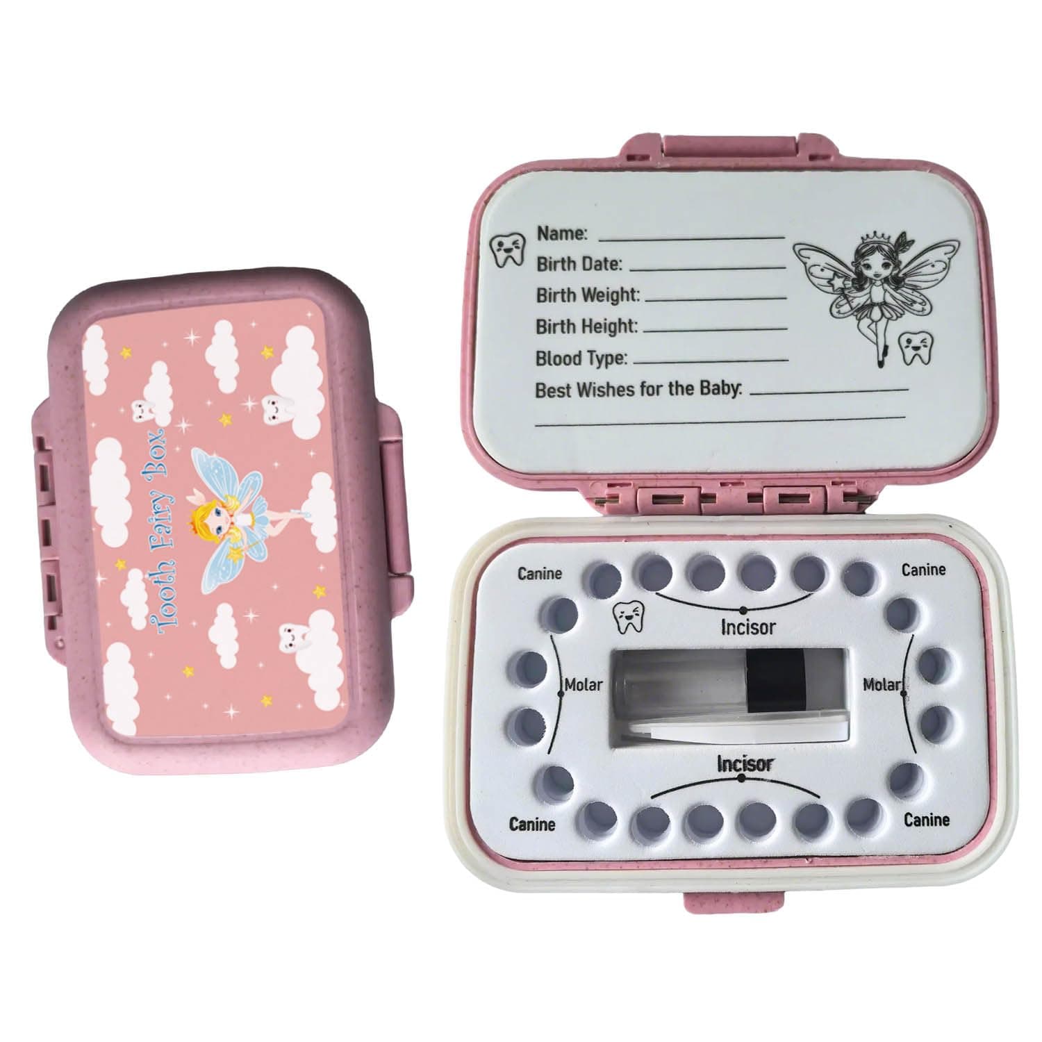 FurPaw Tooth Fairy Box & Baby Tooth Keepsake Case for Kids - Natural Wheat Straw & PP Material, Easy-Write EVA Liner - Pink