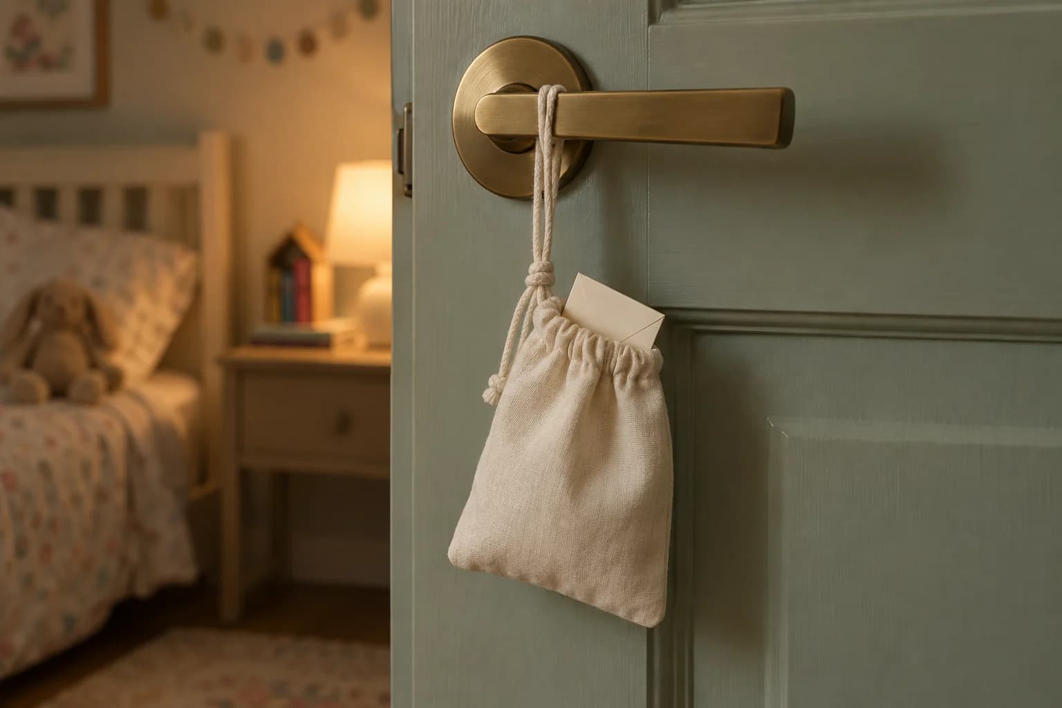 A simple cream cotton pouch and envelope hanging from a brass handle on a sage bedroom door.