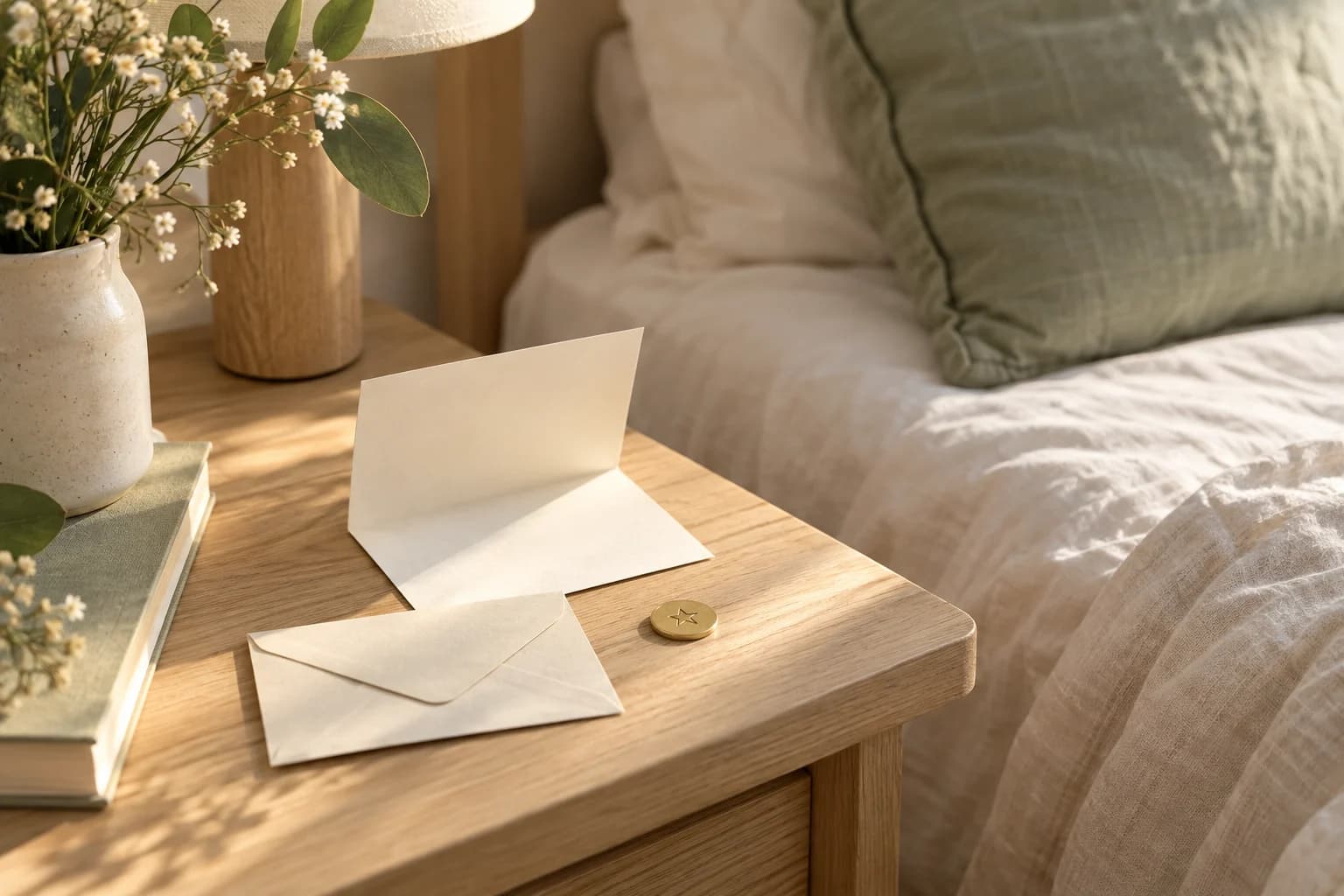 A cream note, envelope and small star token on a wooden bedside table in soft morning sunlight.
