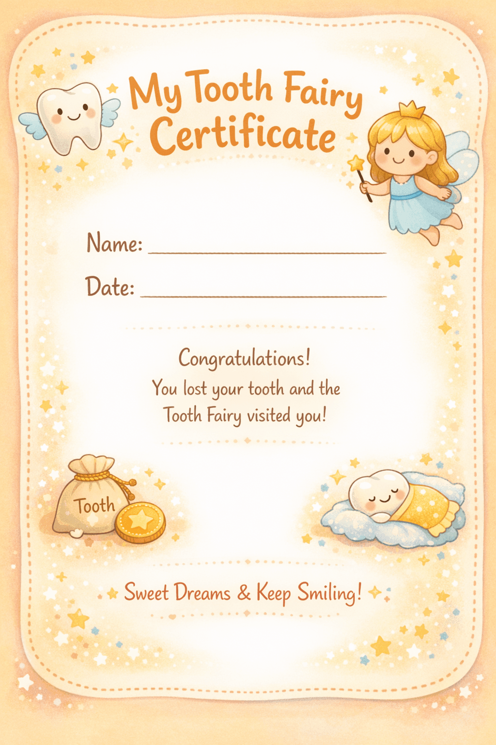 A warm orange Tooth Fairy certificate with a smiling fairy, stars, and spaces for a name and date.